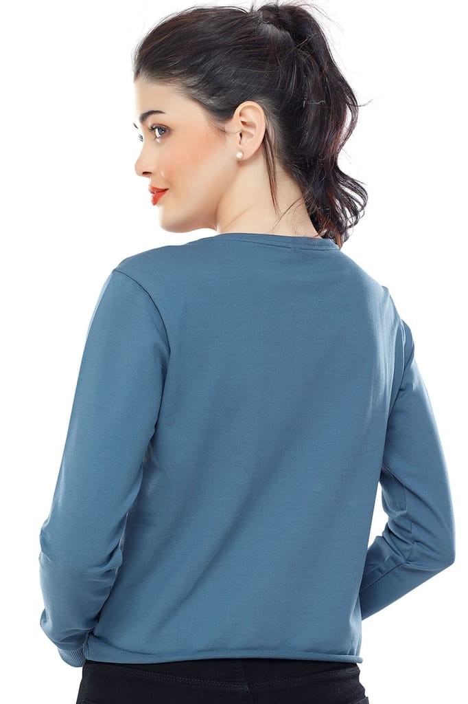 Zeyo Women Cotton Blue Printed Full Sleeve Crop Top