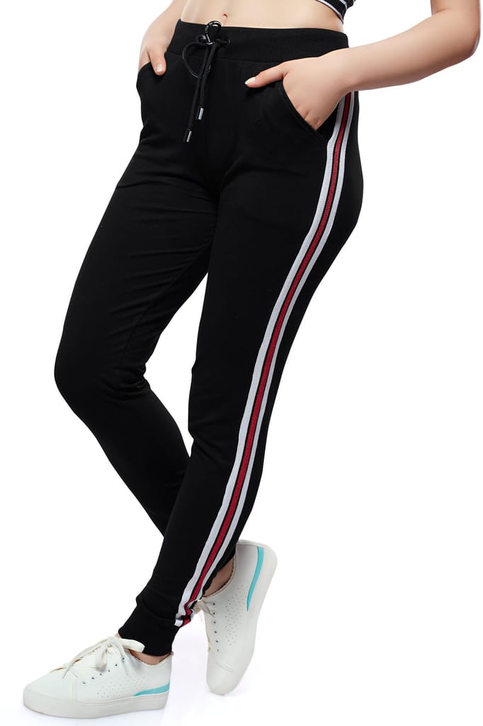 ZEYO Women's Joggers Side Striped Black Regular Fit Track Pant