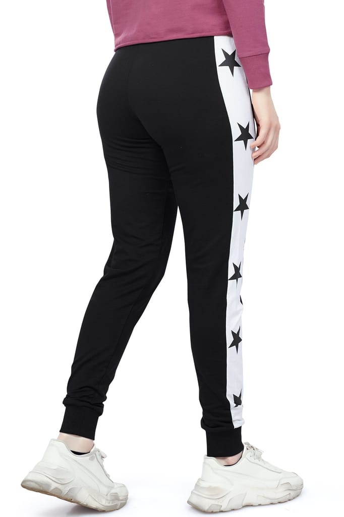 ZEYO Women's Joggers Star Printed Black Regular Fit Track Pant
