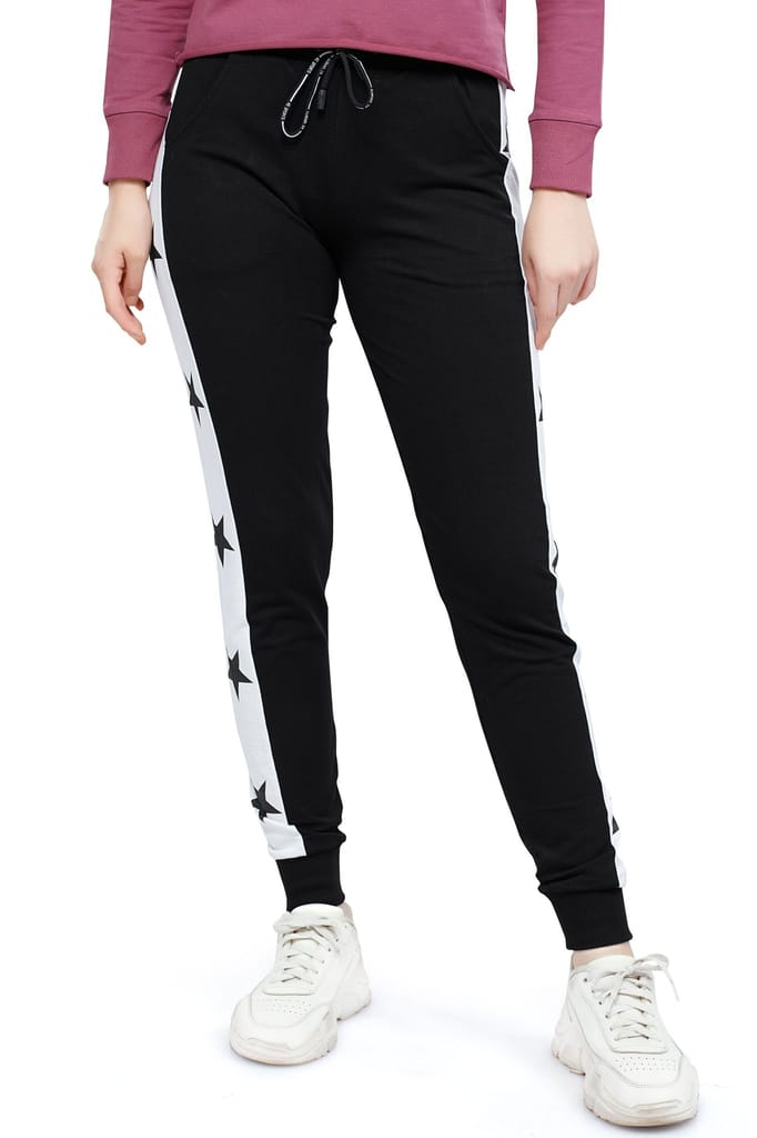 ZEYO Women's Joggers Star Printed Black Regular Fit Track Pant