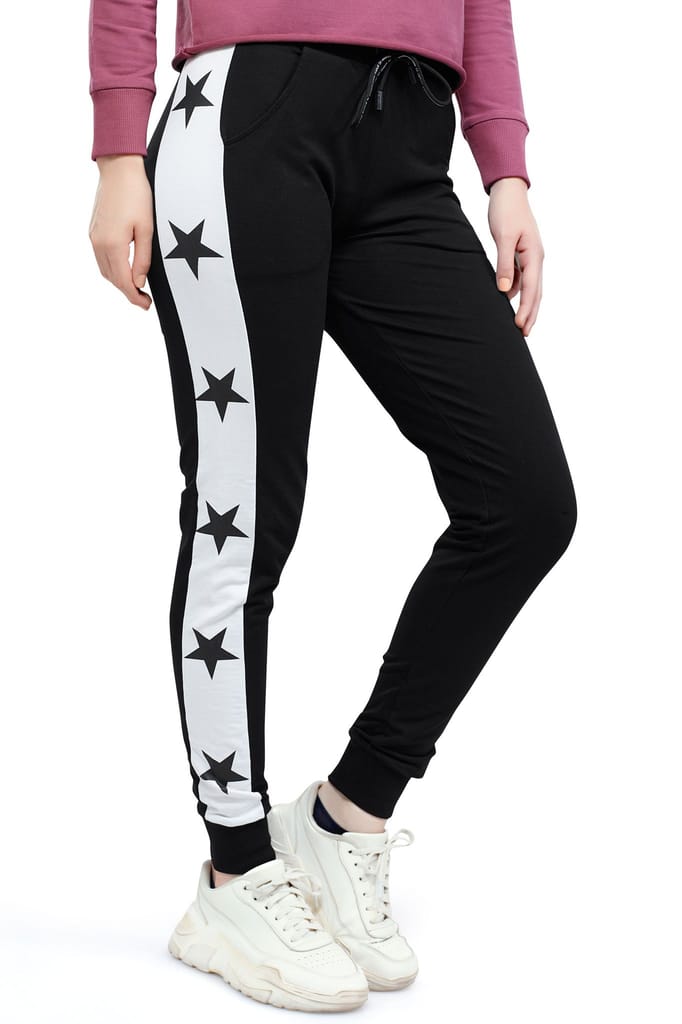 ZEYO Women's Joggers Star Printed Black Regular Fit Track Pant