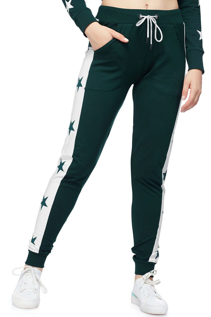ZEYO Women's Joggers Star Printed Black Regular Fit Track Pant