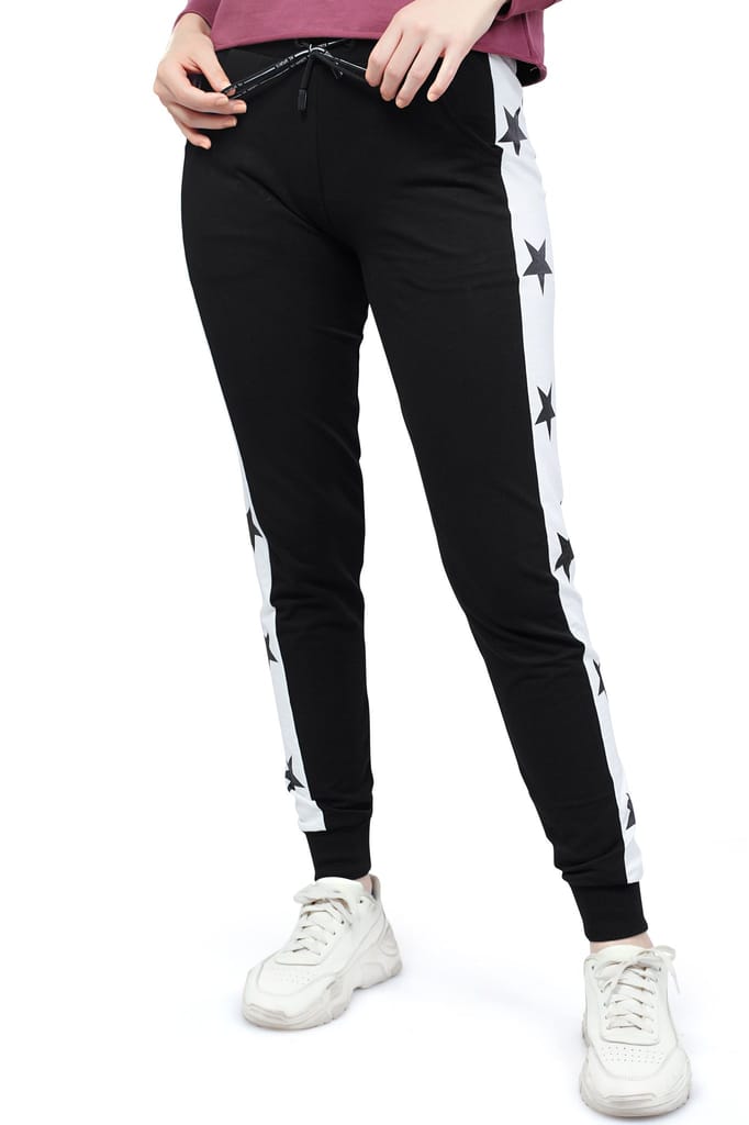 ZEYO Women's Joggers Star Printed Black Regular Fit Track Pant