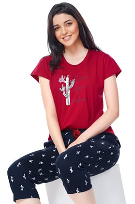 ZEYO Womens Cotton Red Cactus Printed Capri set