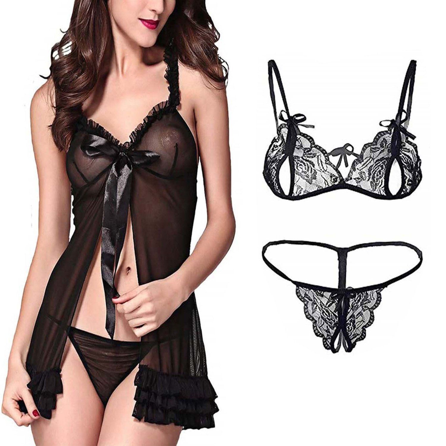 Net babydoll Nightdress bra panty set women girls Pack 2