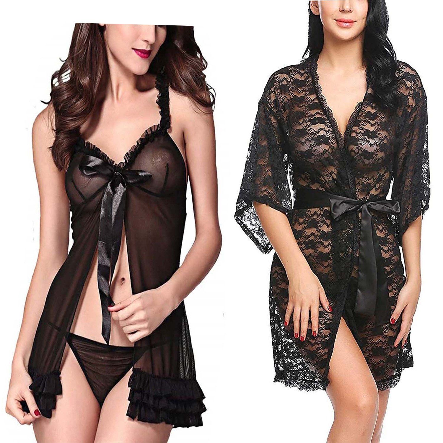 Net Babydoll Nightdress Robe panty Combo Pack 2