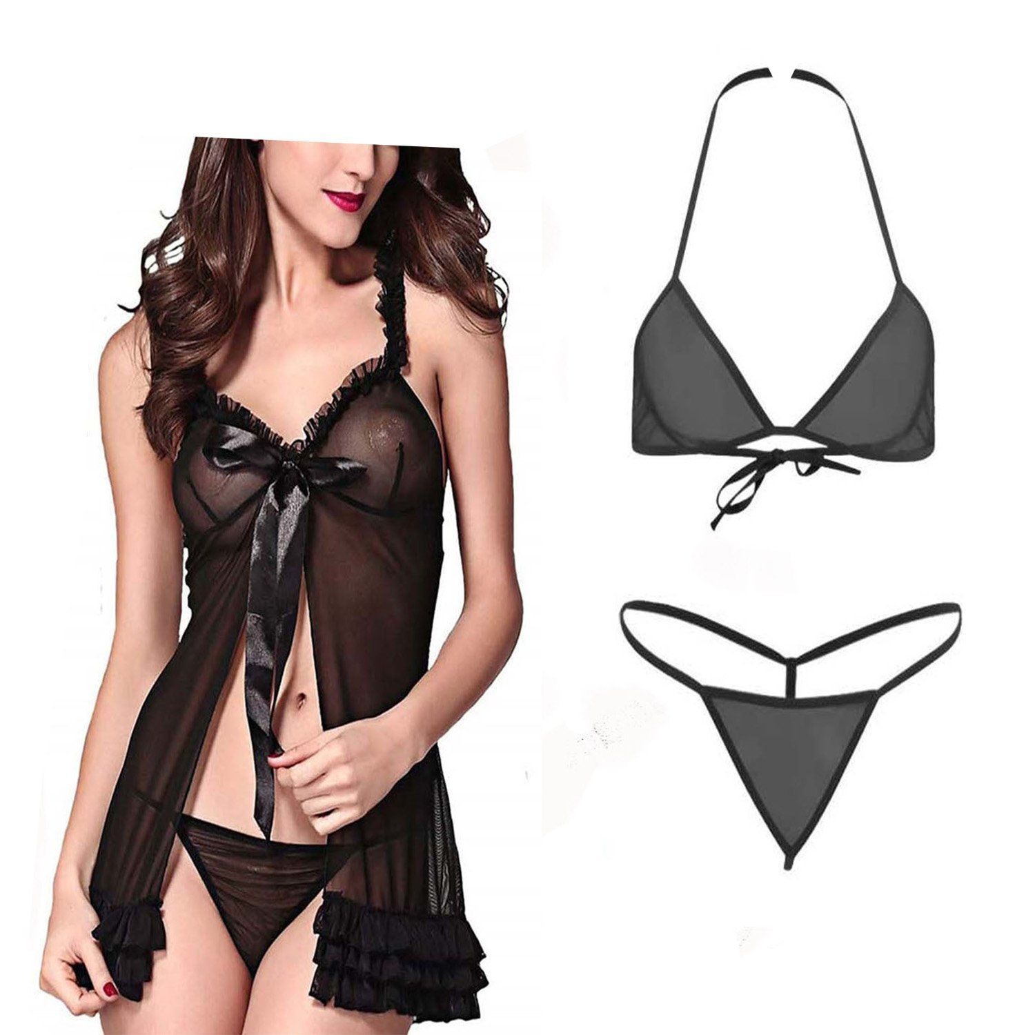 Babydoll night dress with Bra panty set Combo Pack 2