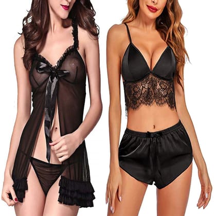 Babydoll Night dress with panty Stylish Nikar bra set for women girls Combo Pack 2