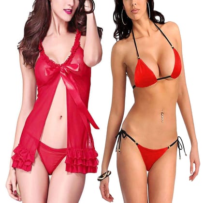 Babydoll night dress Sleepwear And Moti bra Panty bikini set Combo Pack 2