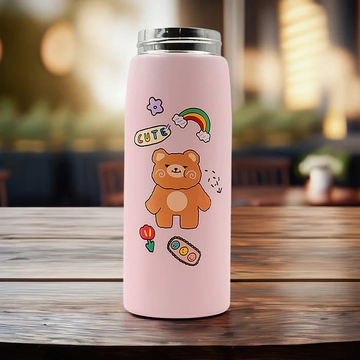  304 Stainless Steel Vacuum Insulated Water Bottle with Cute Bear Cartoon, Leakproof Travel Mug for Kids, 12oz