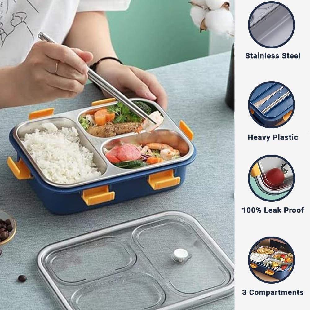 ALTCRAFT Leak-Proof, BPA-Free Stainless Steel Lunch Box with 3 Compartments - Includes Spoon, Fork - Perfect for Kids and Adults for School & Office