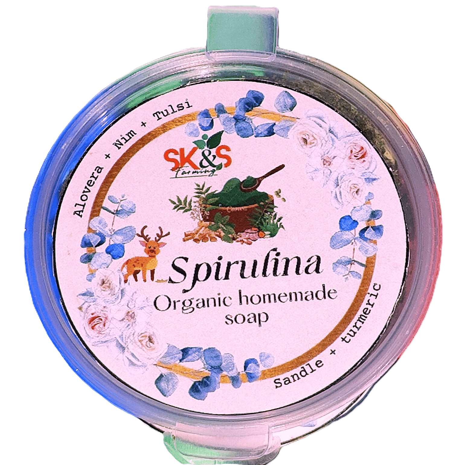 SK&S Farming Homemade- Natural and Organic Spirulina Soap with Aloe Vera, Tulsi, Nim, sandalwood and Turmeric for Anti-Acne, Anti-Aging, Skin Brightening and removes the dullness