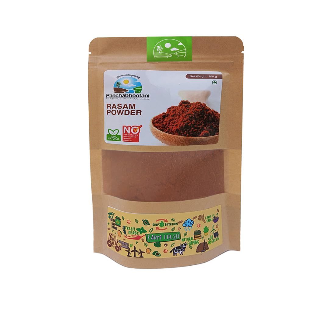 Panchabhootani Rasam Powder| South Indian Authentic Flavour, Easy Digestion, Farm Fresh, Vegan Friendly, No Garlic, No Onion, 3 varieties of roasted dry red chilles, Rich Aroma, Mouth Watering