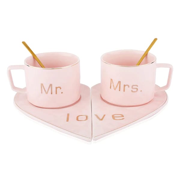Mr and Mrs Ceramic mug || Couple Coffee Cup and Tea Mugs with Heart Shape Saucer || Microwave Safe, Dishwasher Safe| Valentine Day Gift Pink Mug.