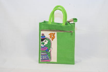 Green Jute Bag with Warli Painting