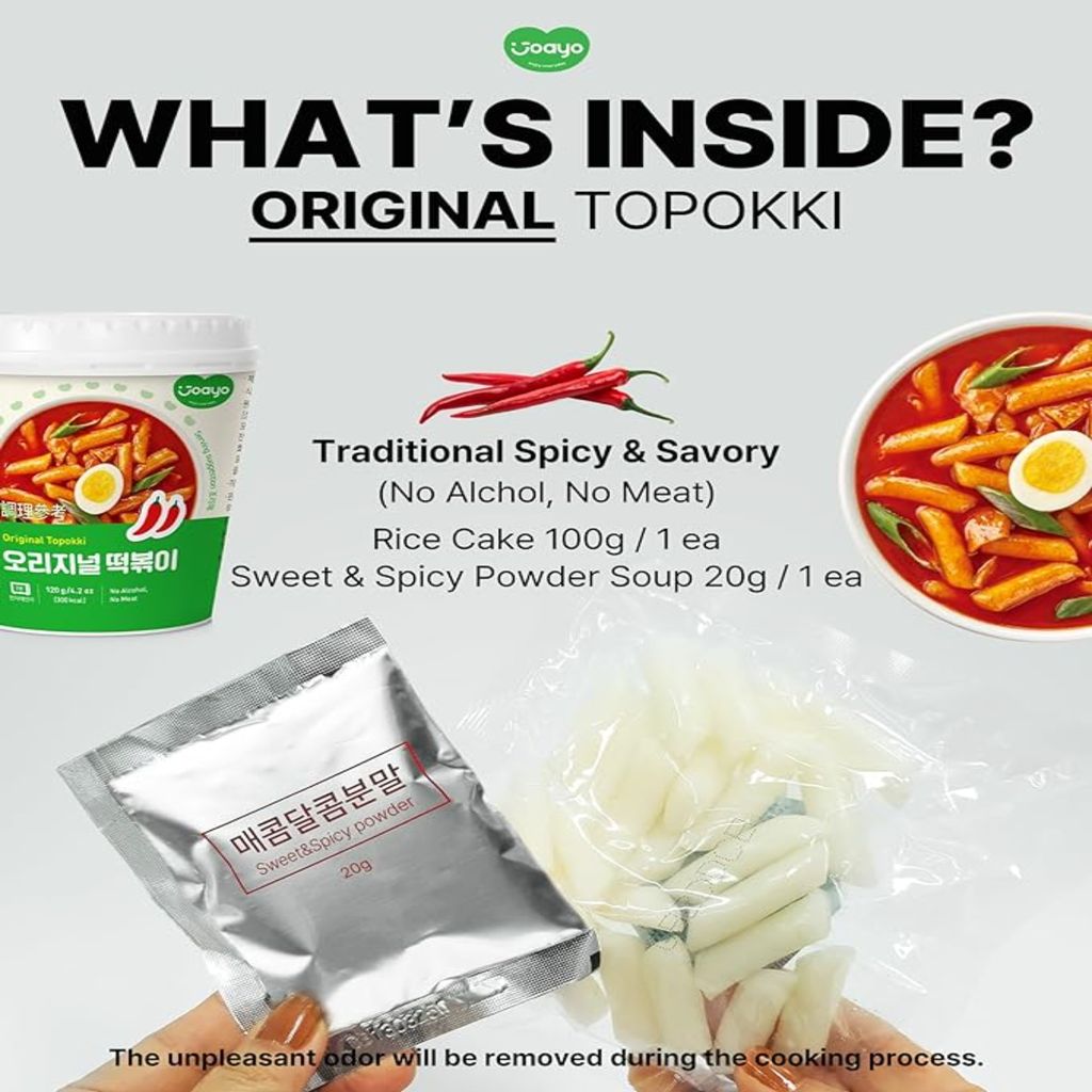 Joayo Original Topokki Instant Rice Cakes with Rich & Spicy Flavorful Savory Sauce 120g Rice Teokboki, Non-Vegetarian (Made In Korea)