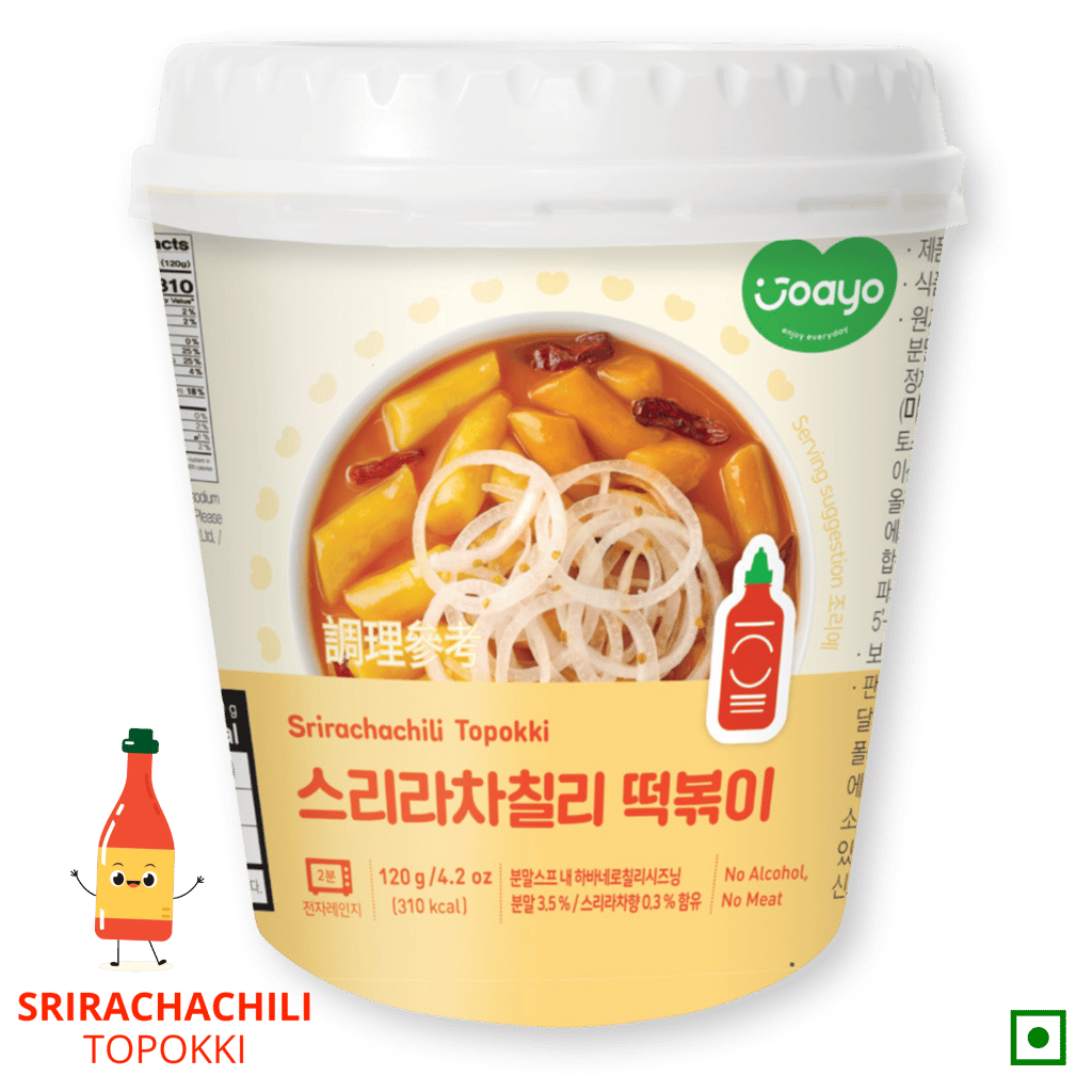 Joayo Srirachachili Topokki Instant Rice Cakes with Rich & Spicy Flavorful Savory Sauce 120g Rice Teokboki, Vegetarian (Made In Korea)
