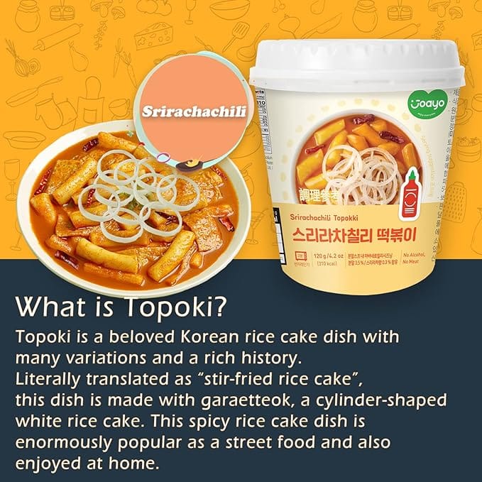 Joayo Srirachachili Topokki Instant Rice Cakes with Rich & Spicy Flavorful Savory Sauce 120g Rice Teokboki, Vegetarian (Made In Korea)