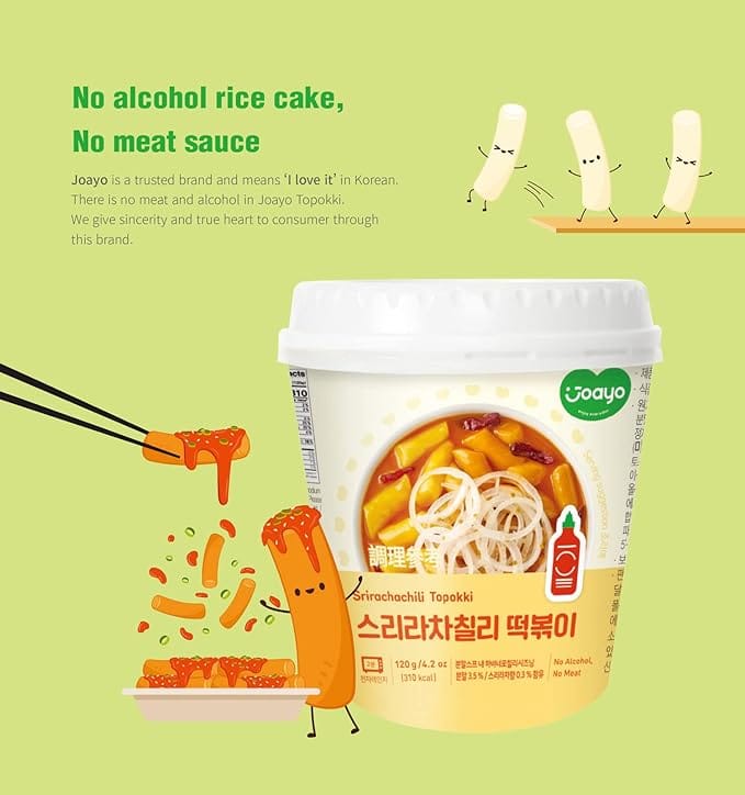 Joayo Srirachachili Topokki Instant Rice Cakes with Rich & Spicy Flavorful Savory Sauce 120g Rice Teokboki, Vegetarian (Made In Korea)