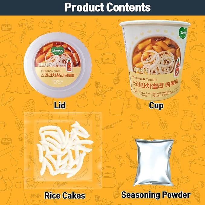 Joayo Srirachachili Topokki Instant Rice Cakes with Rich & Spicy Flavorful Savory Sauce 120g Rice Teokboki, Vegetarian (Made In Korea)