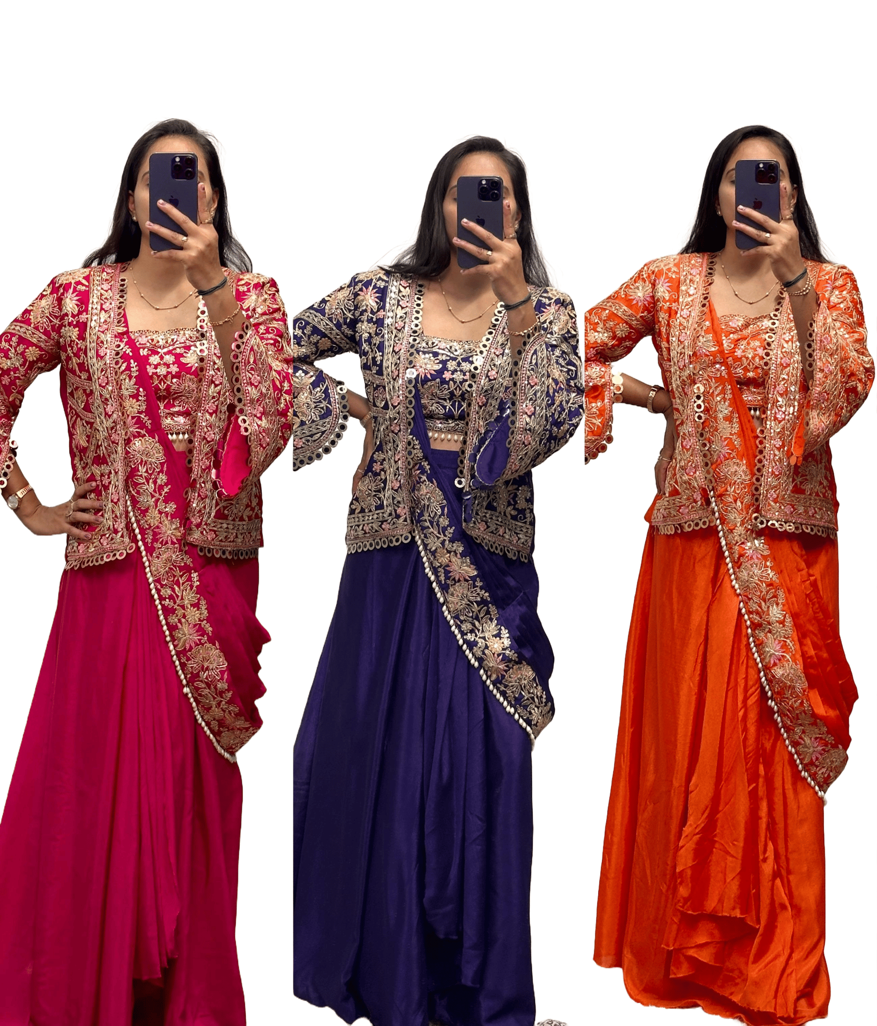 Pink Blue Purple Orange Indowestern Readymade Designer Party sarees with stitched blouse Koti Ready To Wear Saree