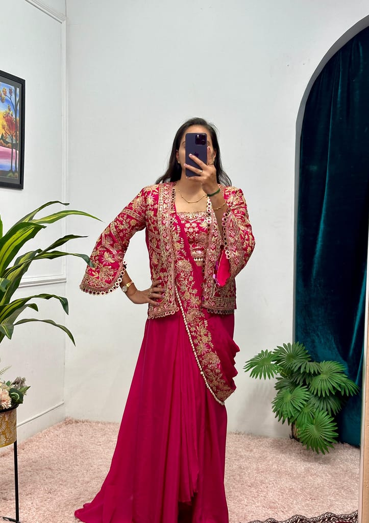 Pink Blue Purple Orange Indowestern Readymade Designer Party sarees with stitched blouse Koti Ready To Wear Saree