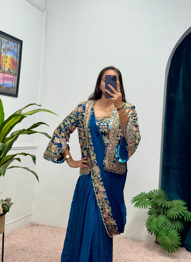 Pink Blue Purple Orange Indowestern Readymade Designer Party sarees with stitched blouse Koti Ready To Wear Saree