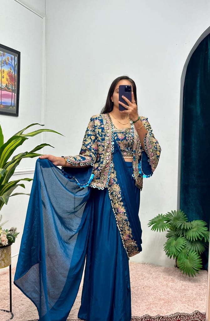 Pink Blue Purple Orange Indowestern Readymade Designer Party sarees with stitched blouse Koti Ready To Wear Saree