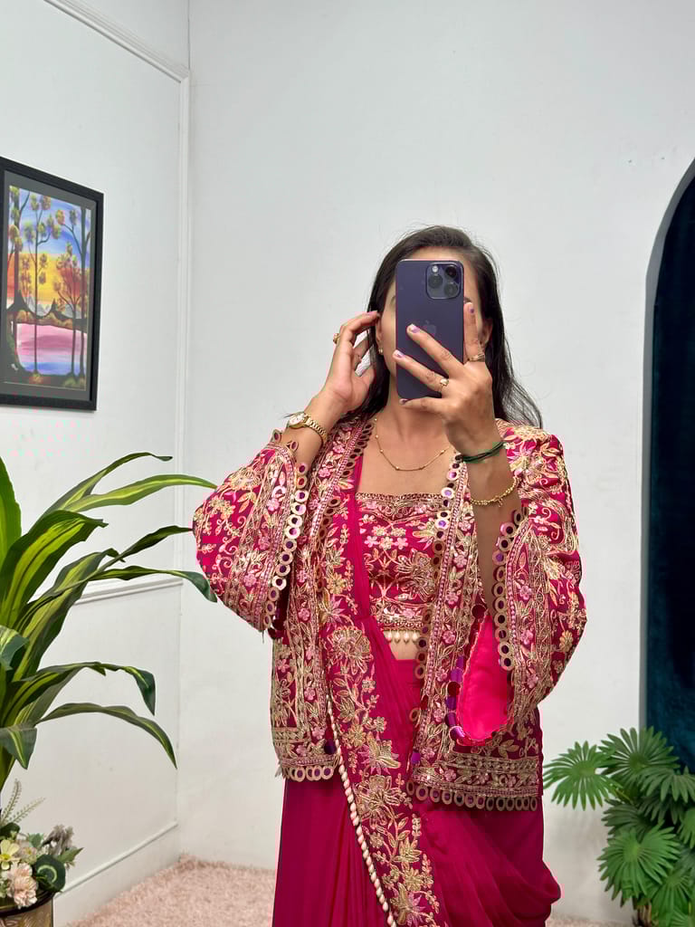 Pink Blue Purple Orange Indowestern Readymade Designer Party sarees with stitched blouse Koti Ready To Wear Saree