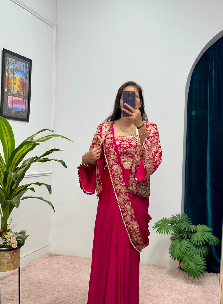 Pink Blue Purple Orange Indowestern Readymade Designer Party sarees with stitched blouse Koti Ready To Wear Saree