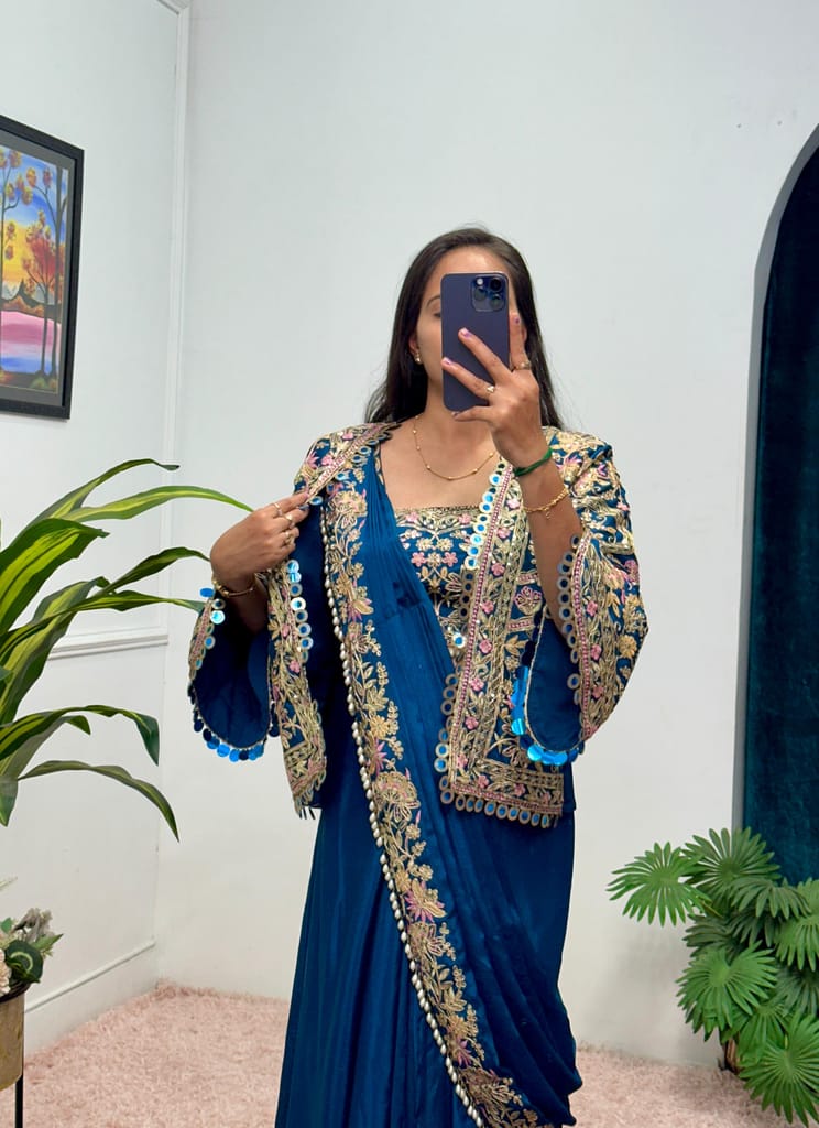 Pink Blue Purple Orange Indowestern Readymade Designer Party sarees with stitched blouse Koti Ready To Wear Saree