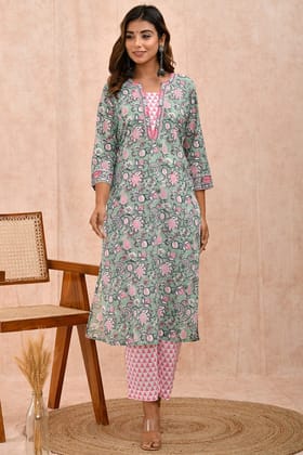 Green Pink Organic Cotton Straight Kurta