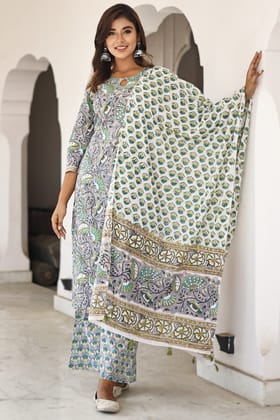 Grey Green Organic Mulmul Dupatta