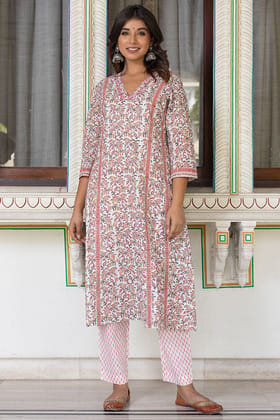 White Orange Organic Cotton A-line Kurta with Pockets
