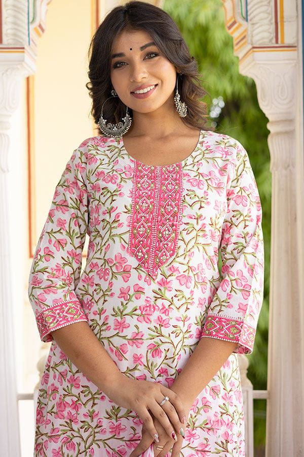 Pink White Organic Cotton A-line Kurta with Pockets