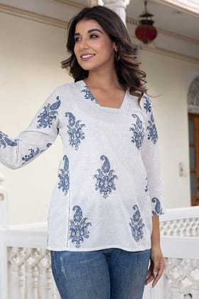 White Blue Embroidered Organic Cotton Short Kurta