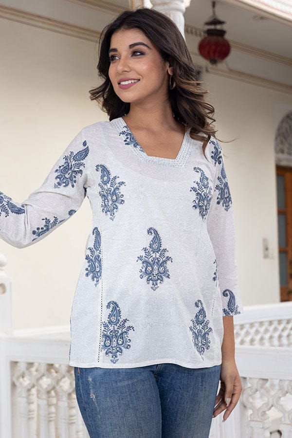 White Blue Embroidered Organic Cotton Short Kurta