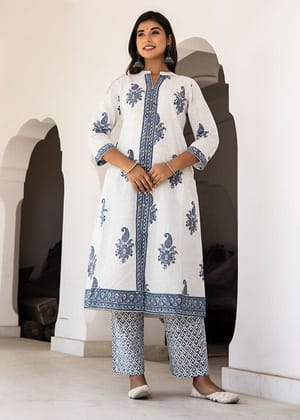 White Blue Organic Cotton Straight A Kurta with Pockets White Blue Organic Cotton Straight A Kurta with Pockets