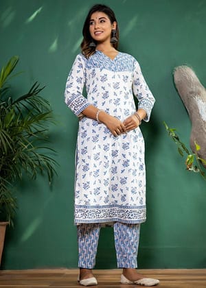 White Blue Organic Cotton Straight Kurta with Pockets White Blue Organic Cotton Straight Kurta with Pockets