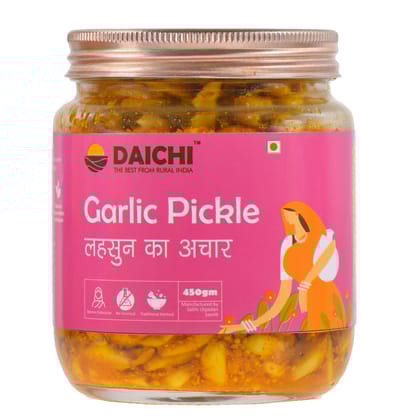 Daichi - Garlic Pickle | Crafted with love by women artisans | Sun cured | Cold-pressed mustard oil | In-house spices | No Preservatives 500g (Pack of 1)