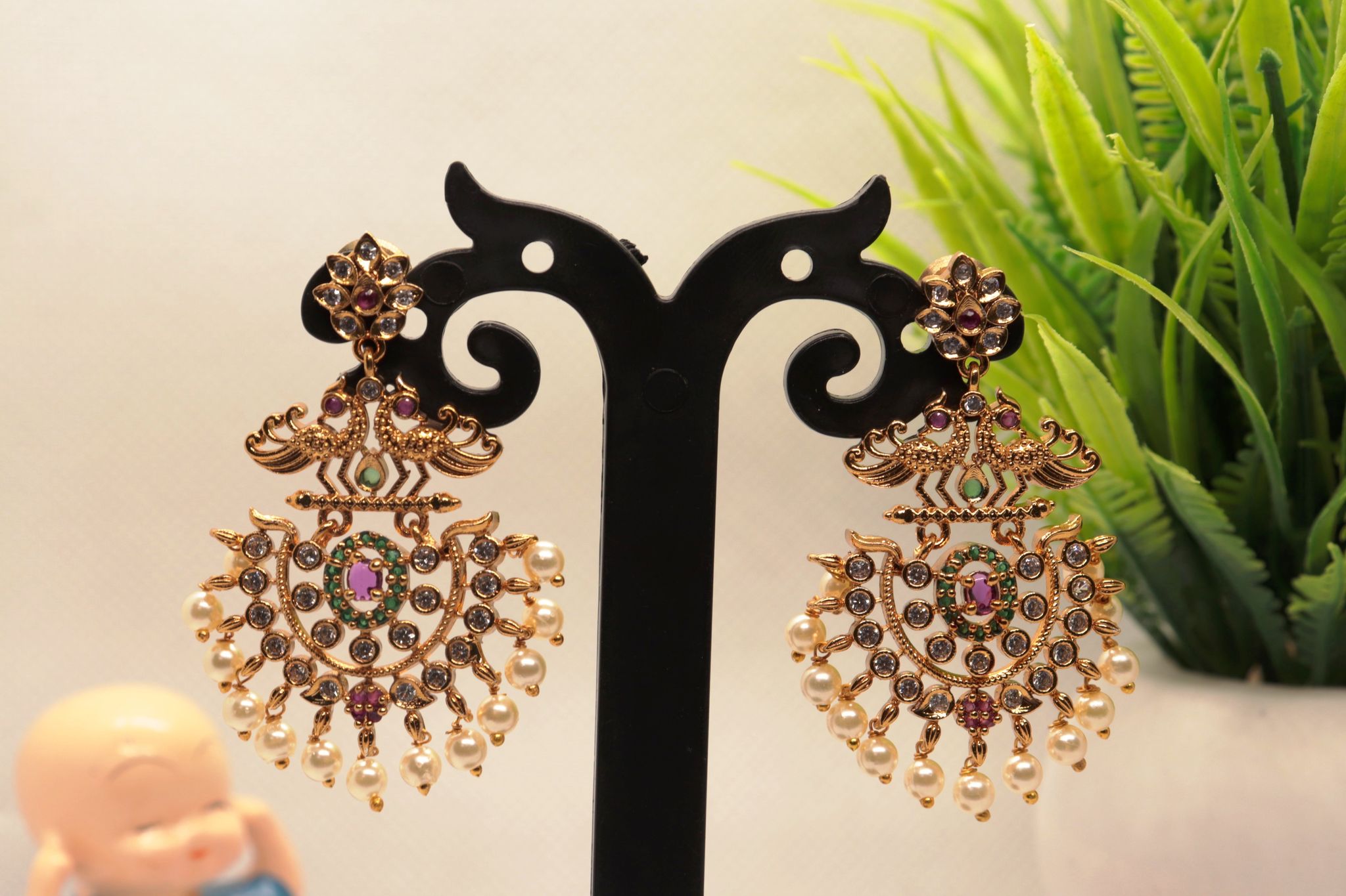  Stunning antique gold plated peacock pearl earrings