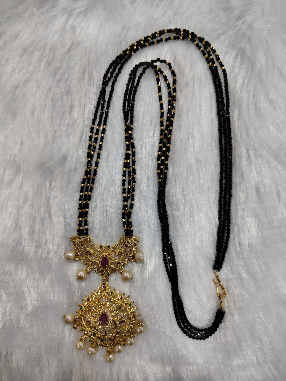 Black Beads with Gold Pendant and Pearls