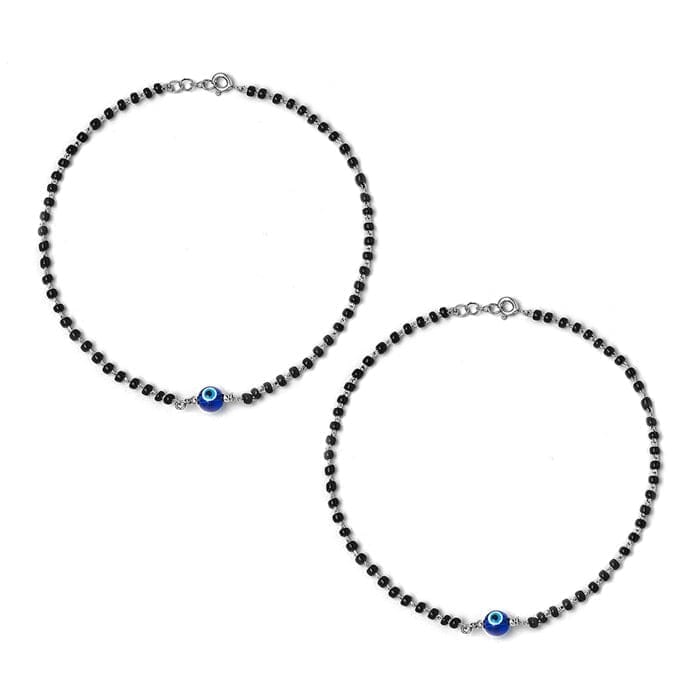 Silver Holy Evil Eye Black Beads Pair Of Anklets