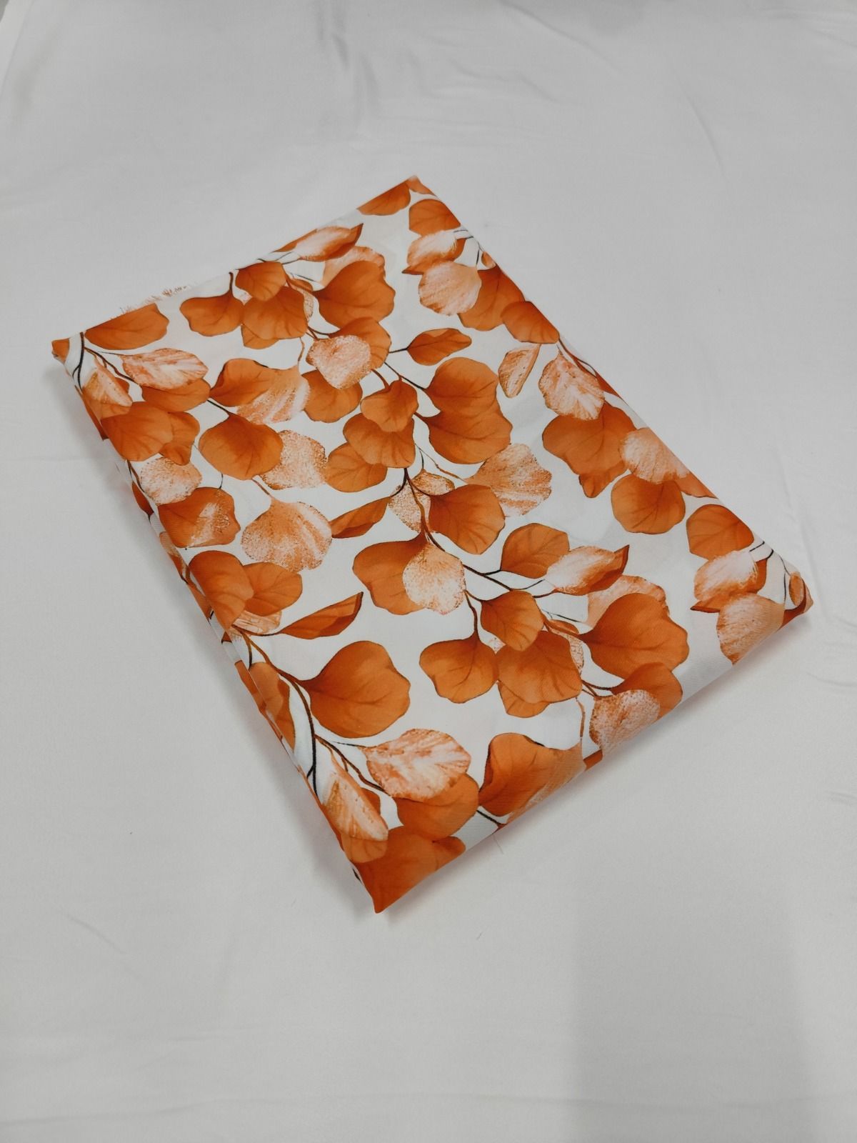  White and Orange Floral Print Crepe Fabric