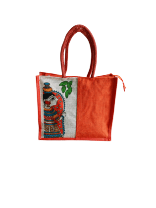 :Handcrafted Jute Tote Bag with Madhubani Painting