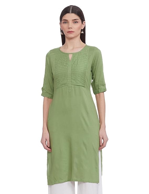 Green Rayon Embroidered A-Line Kurta with Round Neck and 3/4th Sleeves - Kurtas & Kurta Sets | Buy online on ZillyBuy