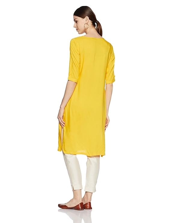 Yellow Rayon Embroidered A-Line Kurta with Round Neck and 3/4th Sleeves - Kurtas & Kurta Sets | Buy online on ZillyBuy