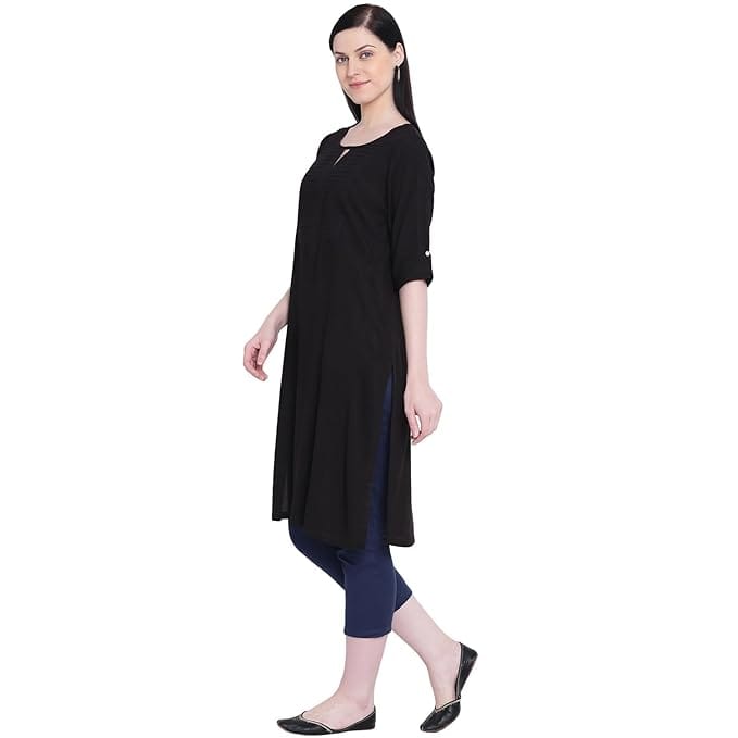 Black Rayon Embroidered A-Line Kurta with Round Neck and 3/4th Sleeves - Kurtas & Kurta Sets | Buy online on ZillyBuy