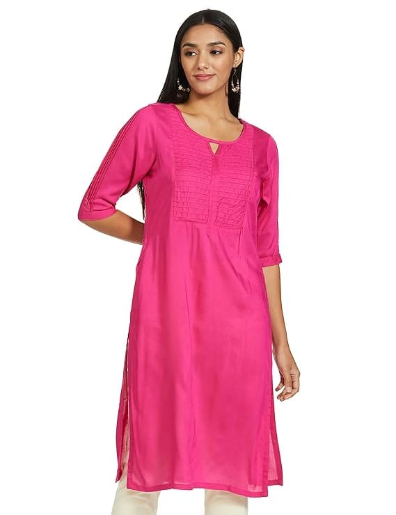 Pink Rayon Embroidered A-Line Kurta with Round Neck and 3/4th Sleeves - Kurtas & Kurta Sets | Buy online on ZillyBuy