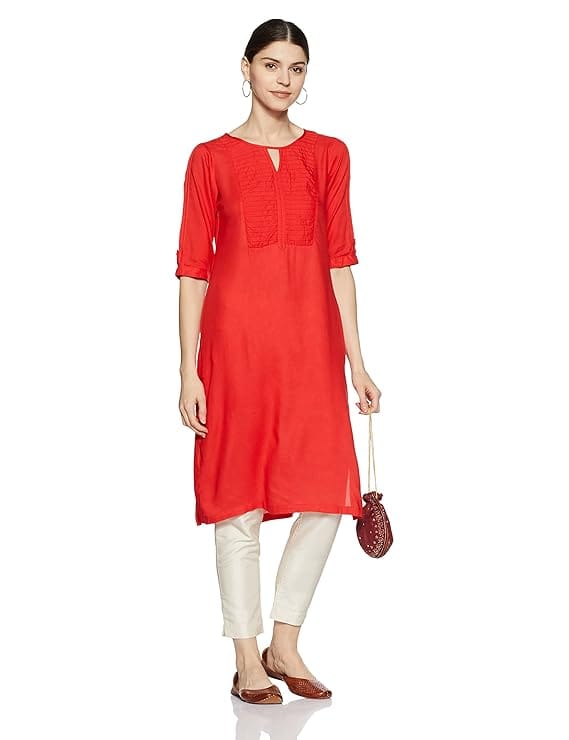 Red Rayon Embroidered A-Line Kurta with Round Neck and 3/4th Sleeves - Kurtas & Kurta Sets | Buy online on ZillyBuy